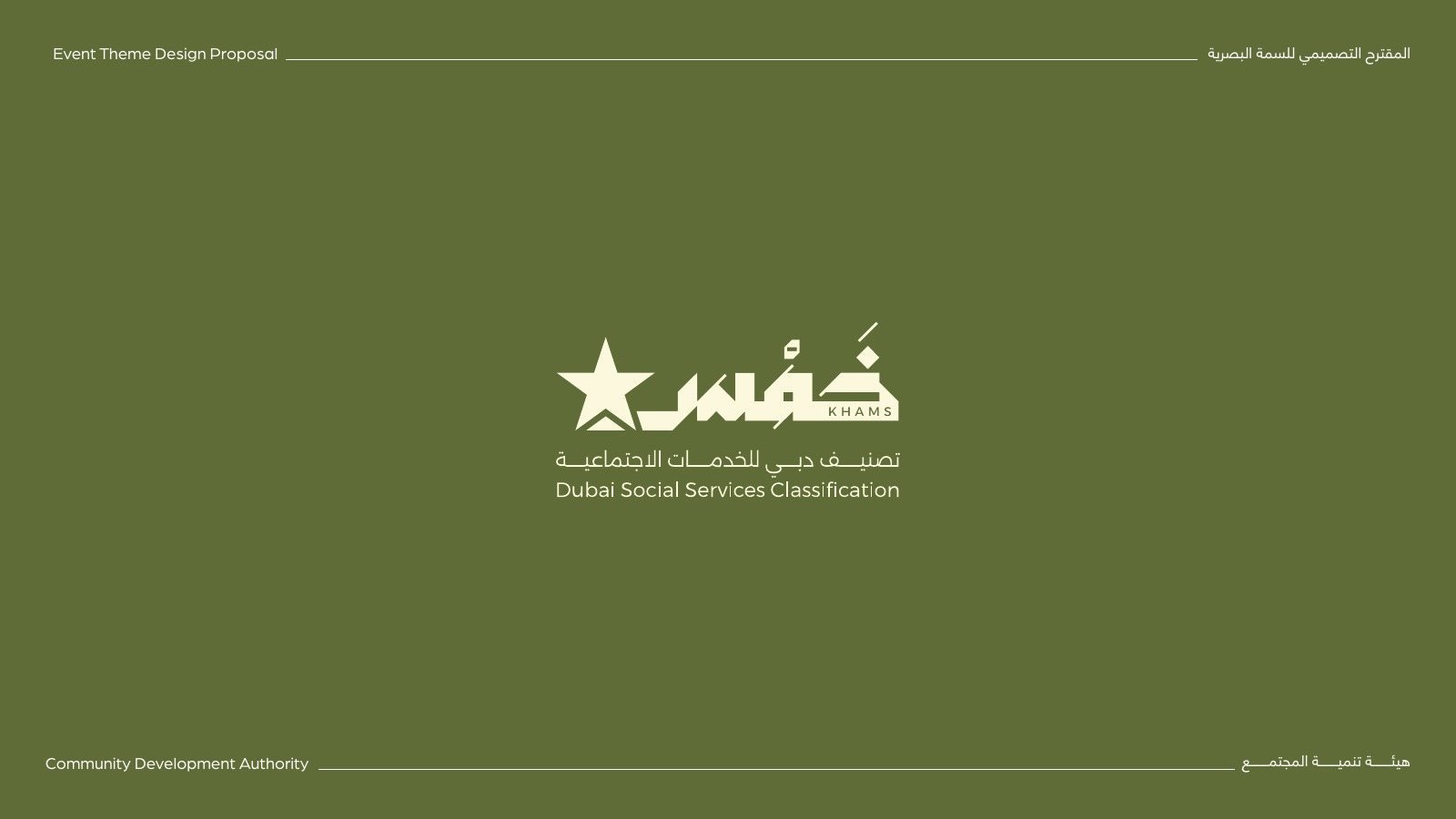 Community Development Authority: Visual identity proposal for Khams, the Community Development Authority’s Dubai Social Services Classification: four bilingual logo directions with palettes and plaques.