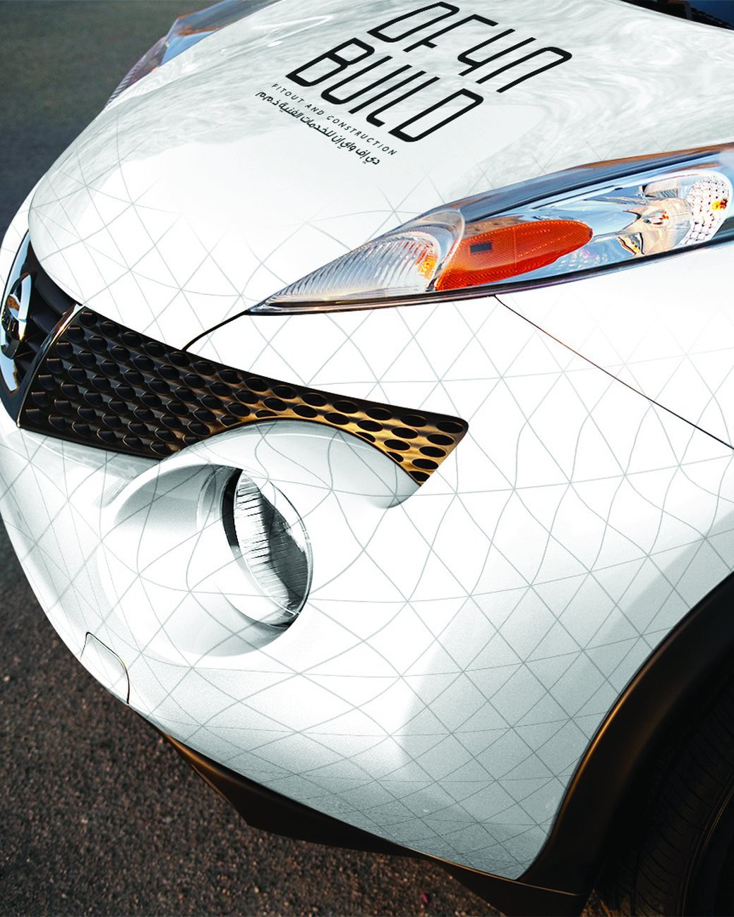 DFYN: Company car wraps for DFYN’s Nissan Juke and Mitsubishi Lancer, from the first idea through five design rounds to print-ready blueprints for RTA approval.