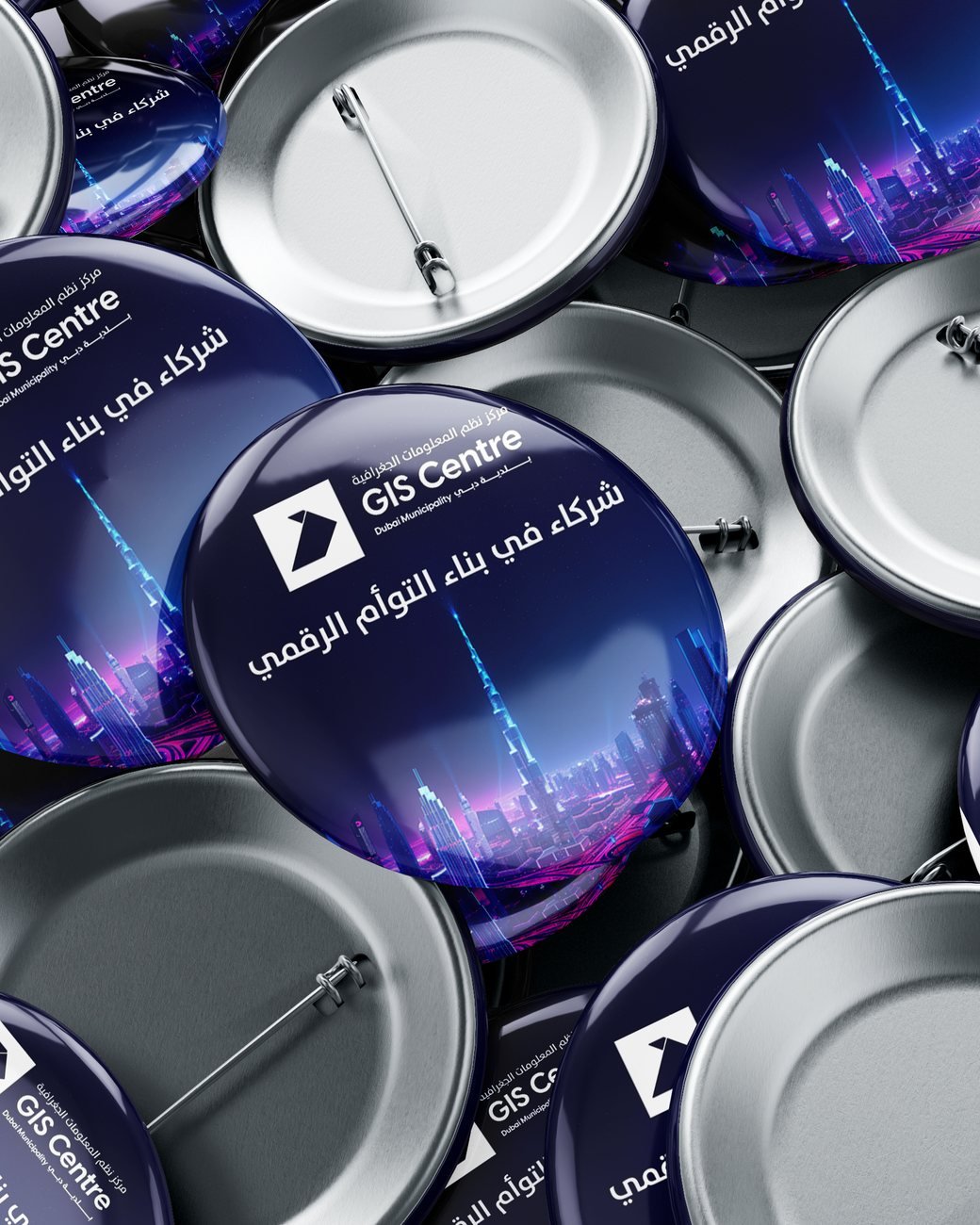 Dubai Municipality: Event graphics for Dubai Municipality’s Dubai Digital Twin workshop: the visual lockup, venue banners, guest pins and workshop table labels.