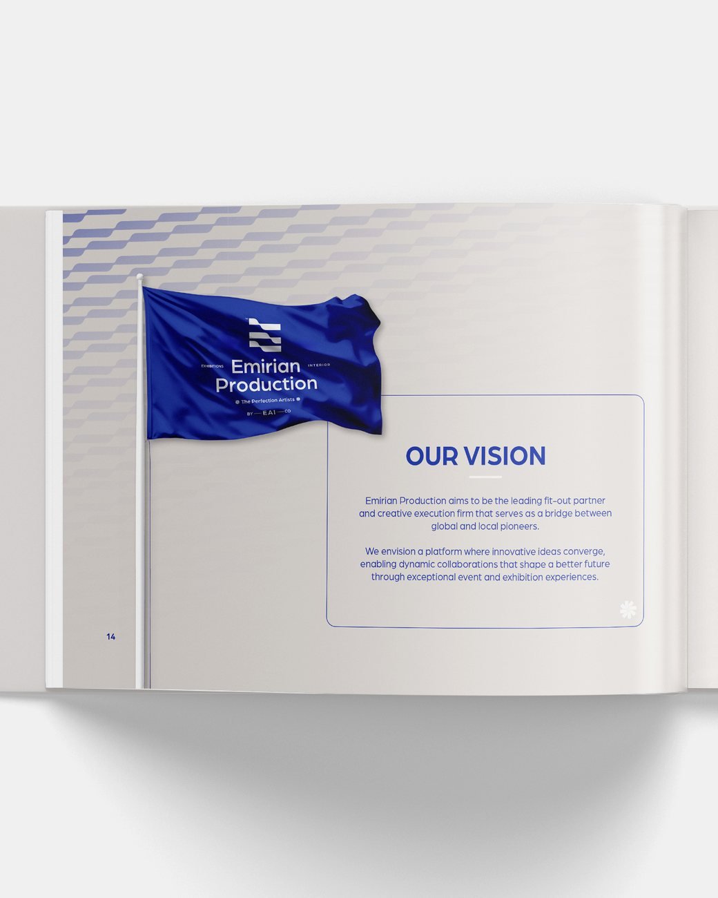 Emirian Production: Bilingual company profile for Emirian Production: a landscape A5 book in English and Arabic covering the story, values, services and recent projects.