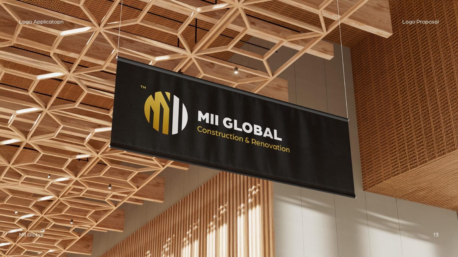 MII Global: Hanging sign under a timber ceiling