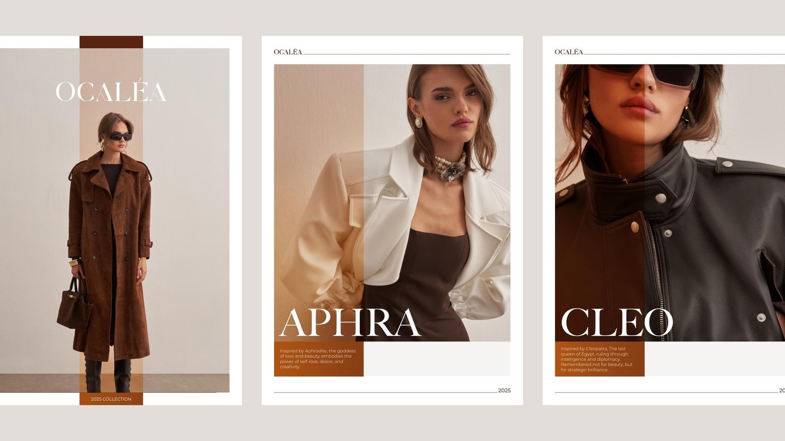 OCALEA: A 2025 collection lookbook for OCALEA, a womenswear label whose six jackets are named after mythological and historical women.