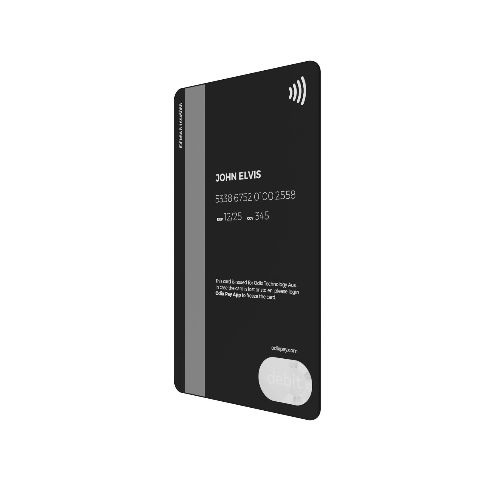 Odix Pay: Black card, back with sample details