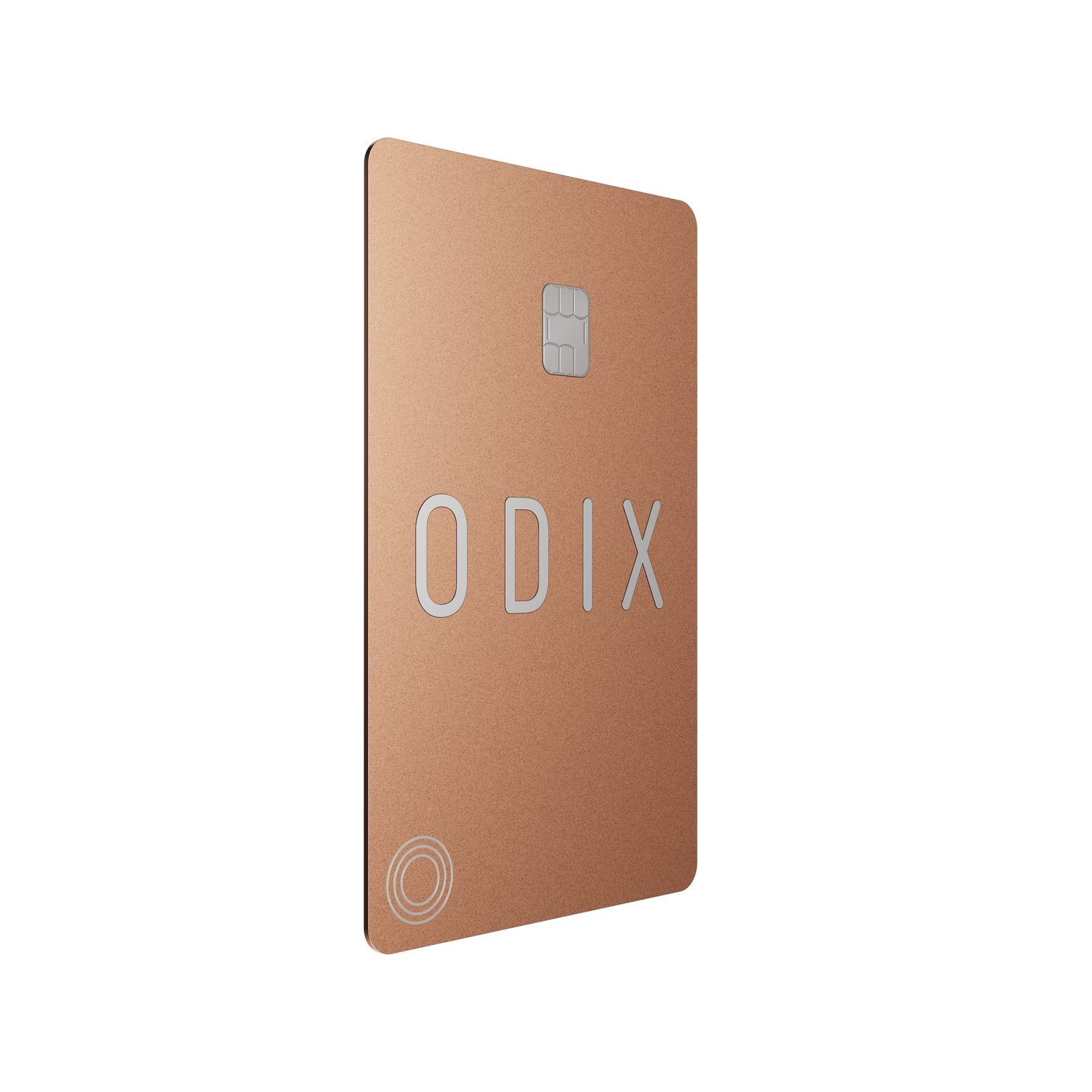 Odix Pay: Rose gold card, front at 45 degrees