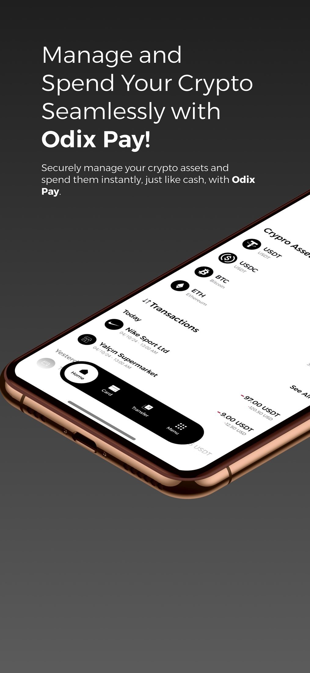 Odix Pay: App Store screenshot 1: 'Manage and Spend Your Crypto Seamlessly with Odix Pay!'