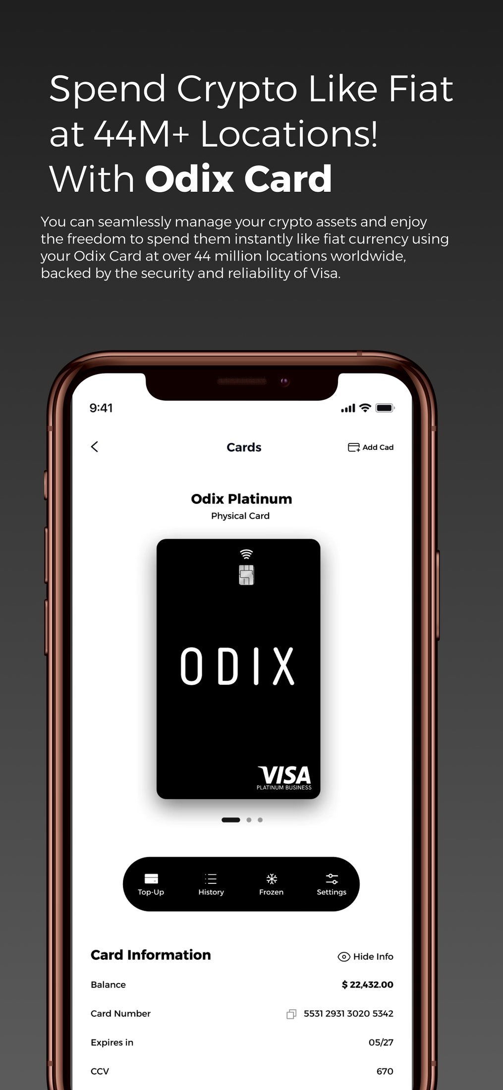Odix Pay: App Store screenshot: 'Spend Crypto Like Fiat at 44M+ Locations! With Odix Card'