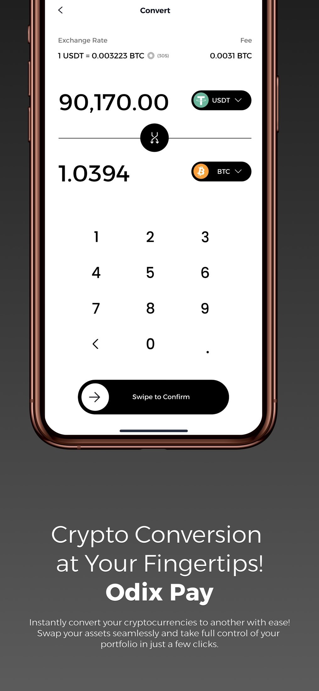 Odix Pay: App Store screenshot: 'Crypto Conversion at Your Fingertips! Odix Pay' (swap keypad)