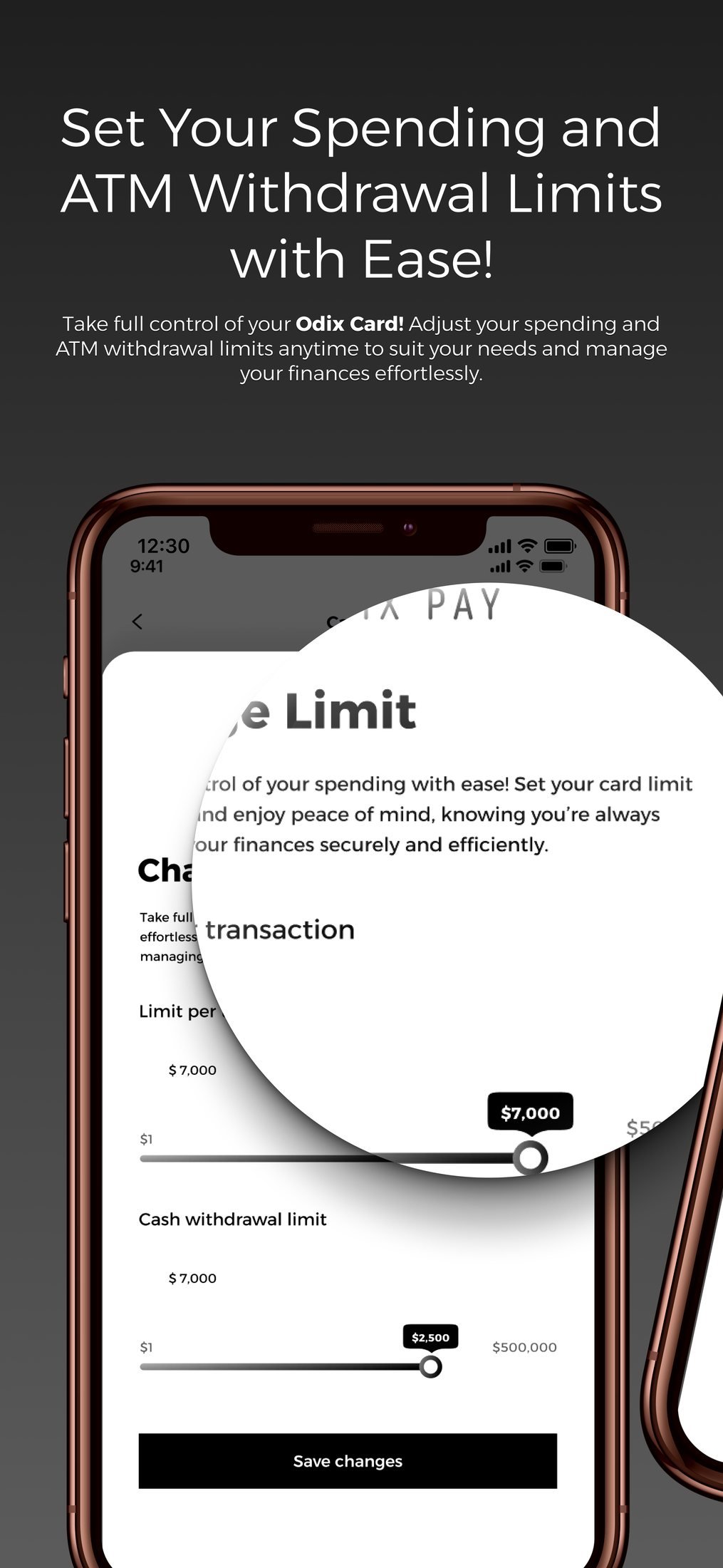 Odix Pay: App Store screenshot: 'Set Your Spending and ATM Withdrawal Limits with Ease!' with magnified detail