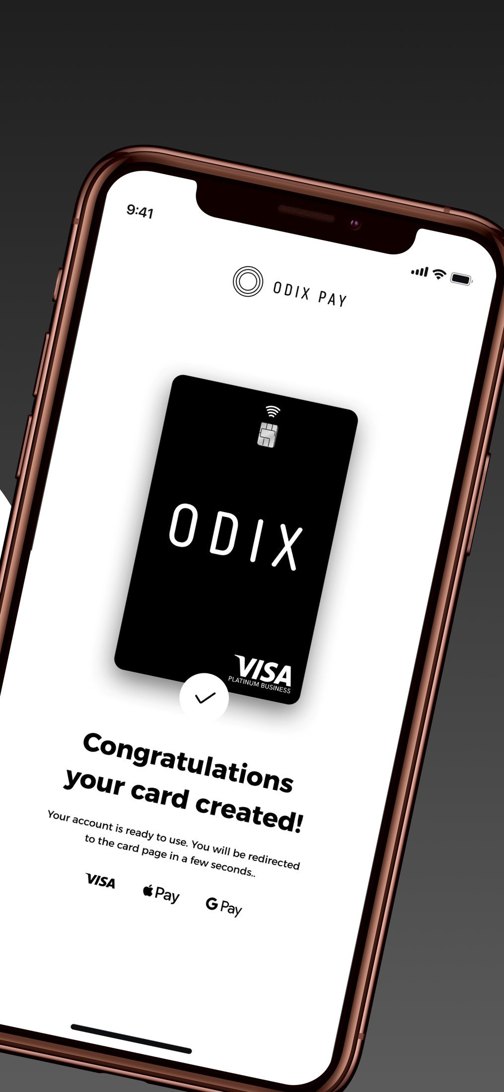 Odix Pay: App Store screenshot: card-created confirmation screen with the black ODIX Visa card