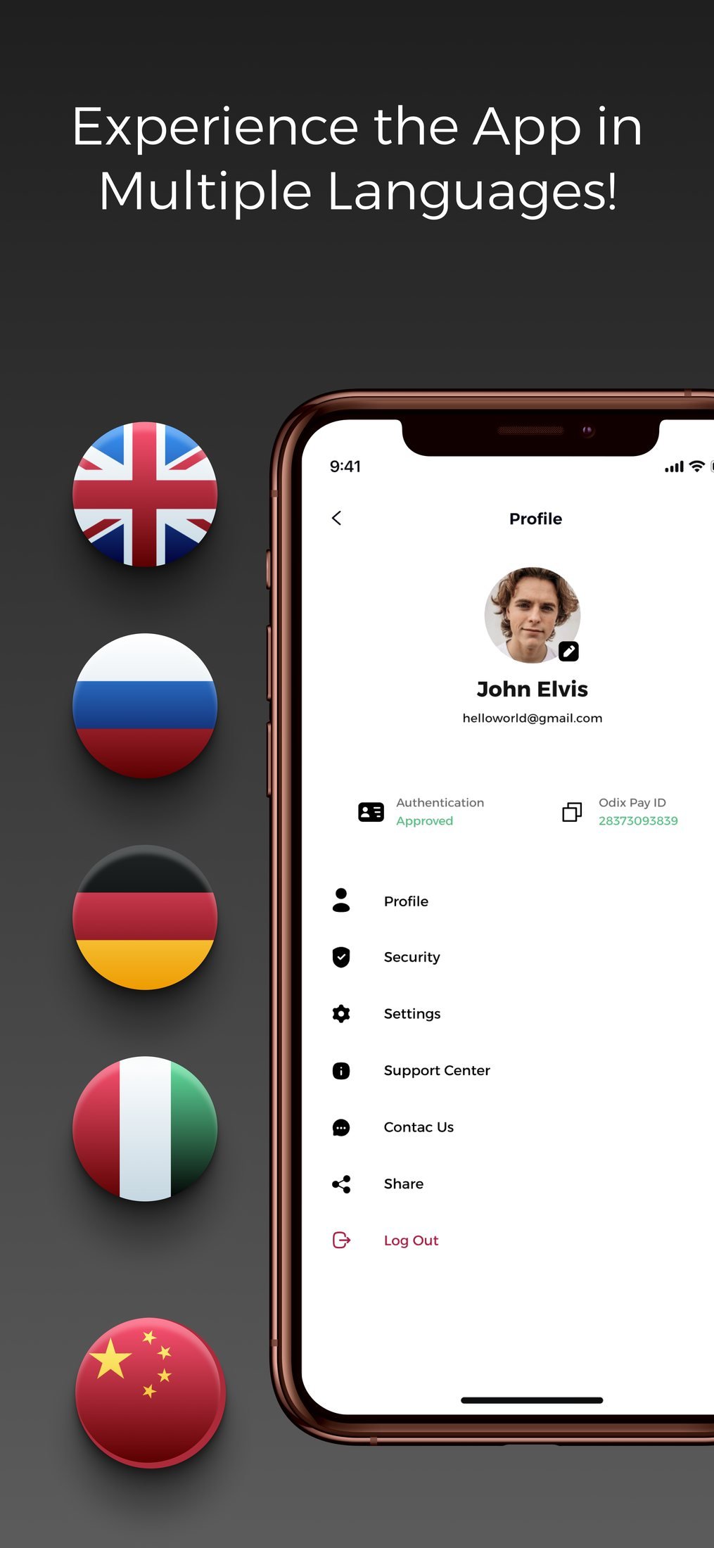 Odix Pay: App Store screenshot: 'Experience the App in Multiple Languages!' with flag badges and profile screen