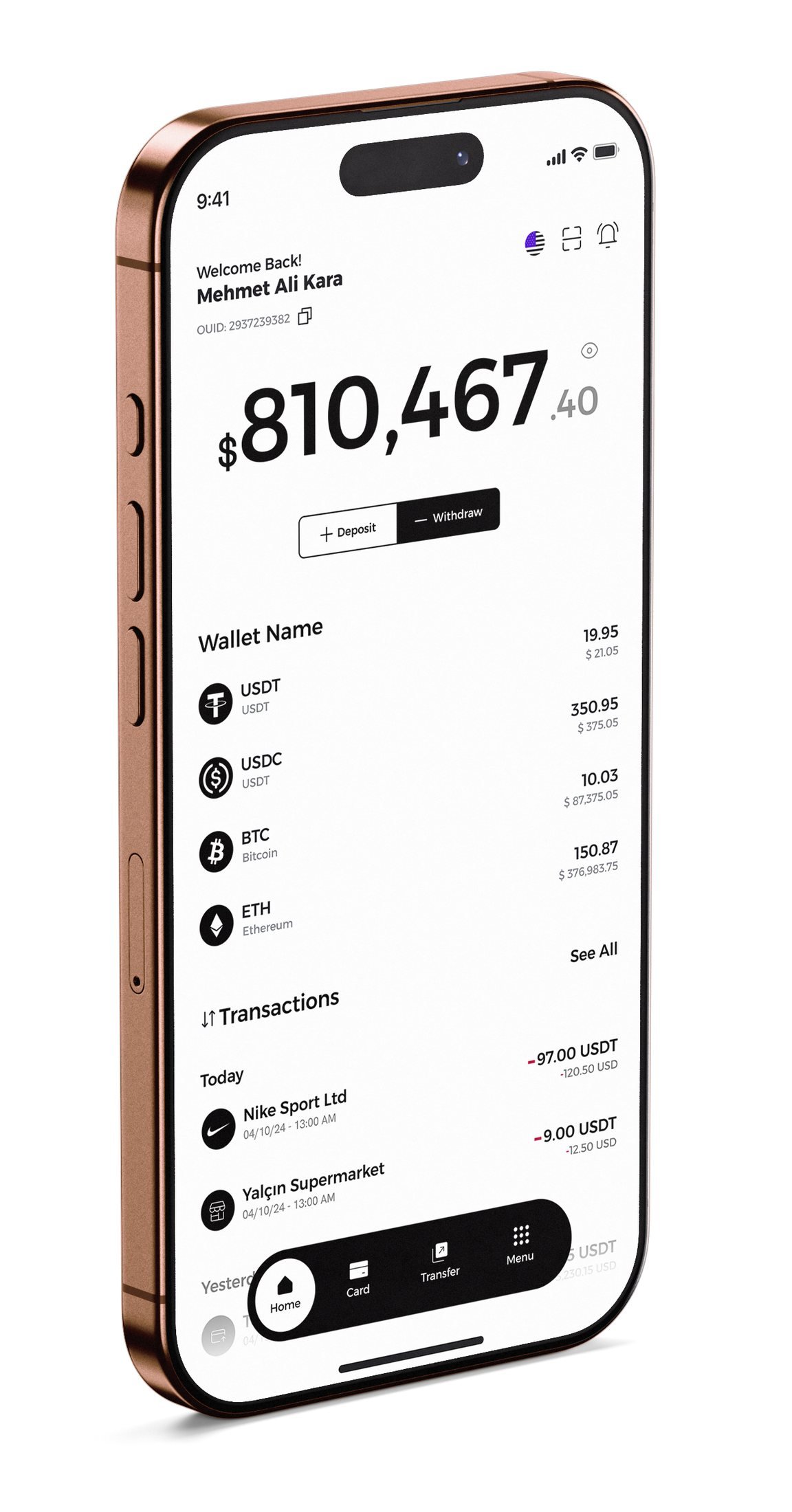 Odix Pay: Rose-gold iPhone mockup of the wallet home: balance, wallets and transactions