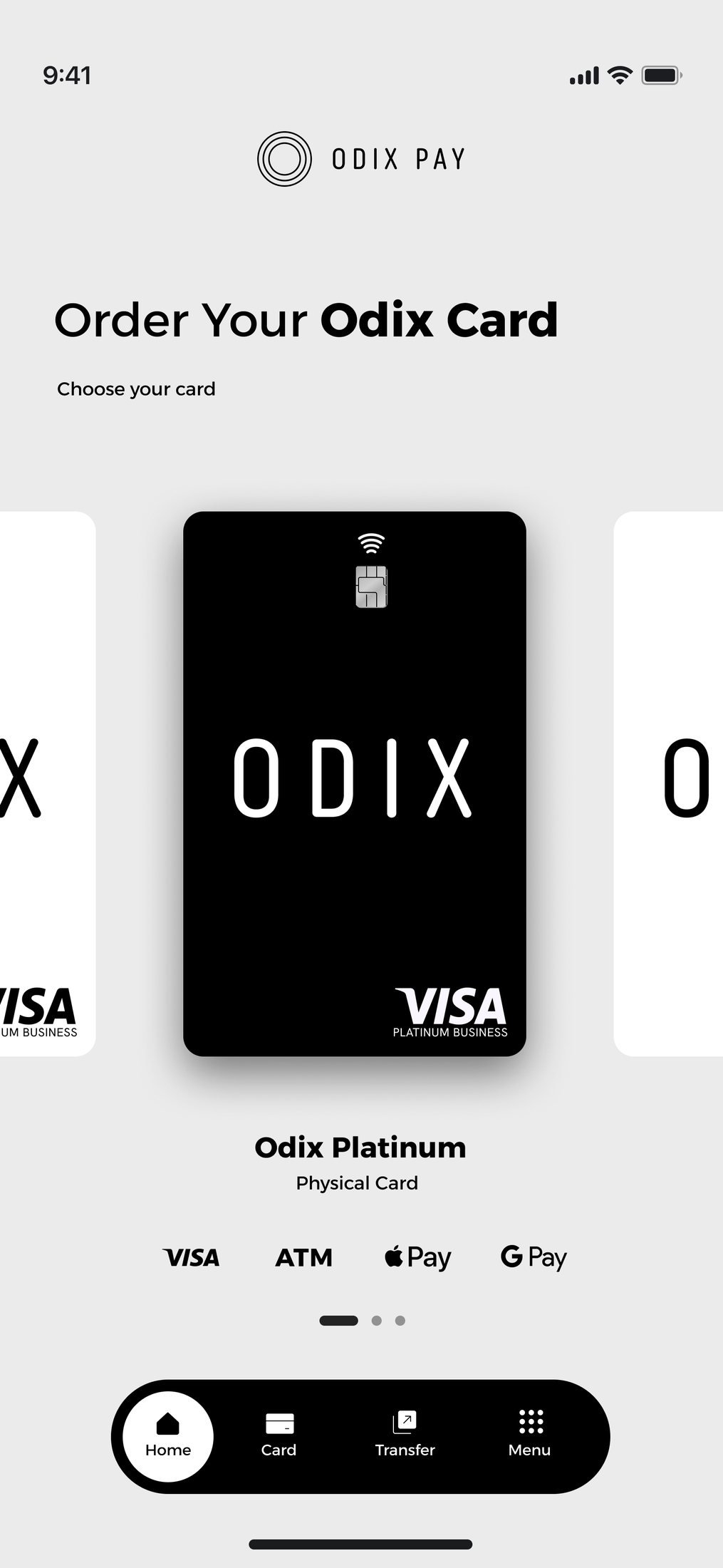 Odix Pay: In-app 'Order Your Odix Card' screen with card carousel (Odix Platinum)
