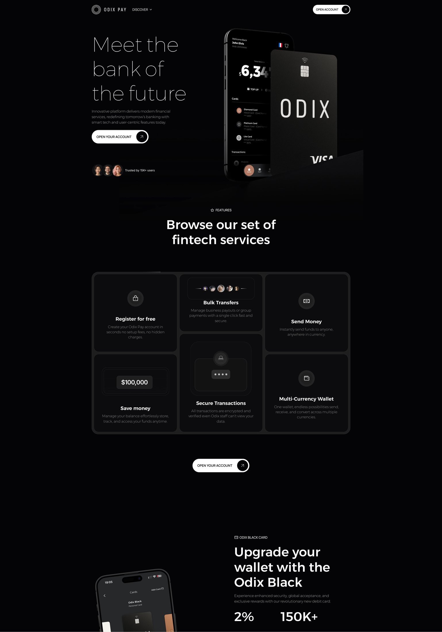 Odix Pay: Odix Pay website homepage design: 'Meet the bank of the future', fintech services grid, Odix Black section
