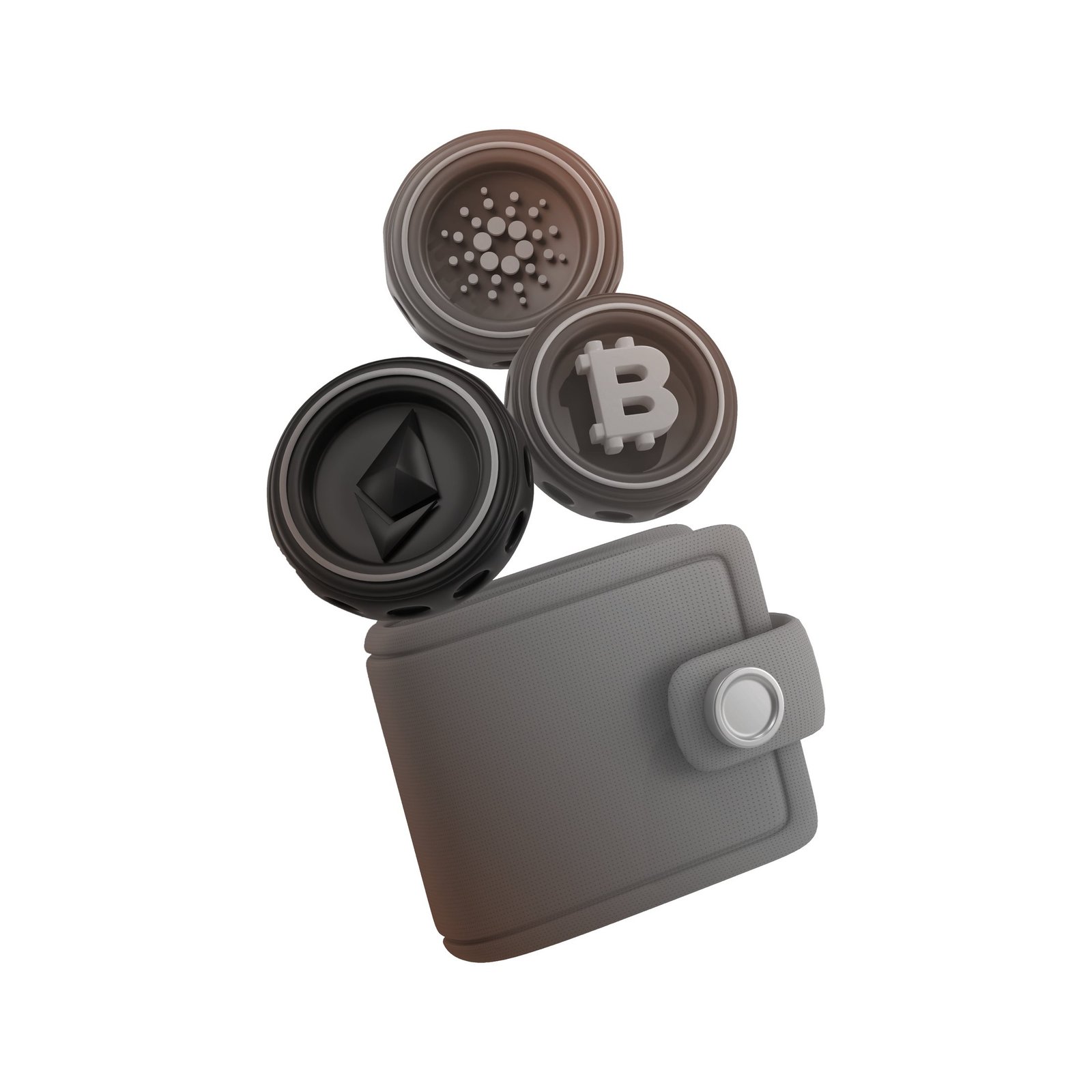 Odix Pay: 3D bronze wallet with floating crypto coins, website feature illustration (Manage Coins)
