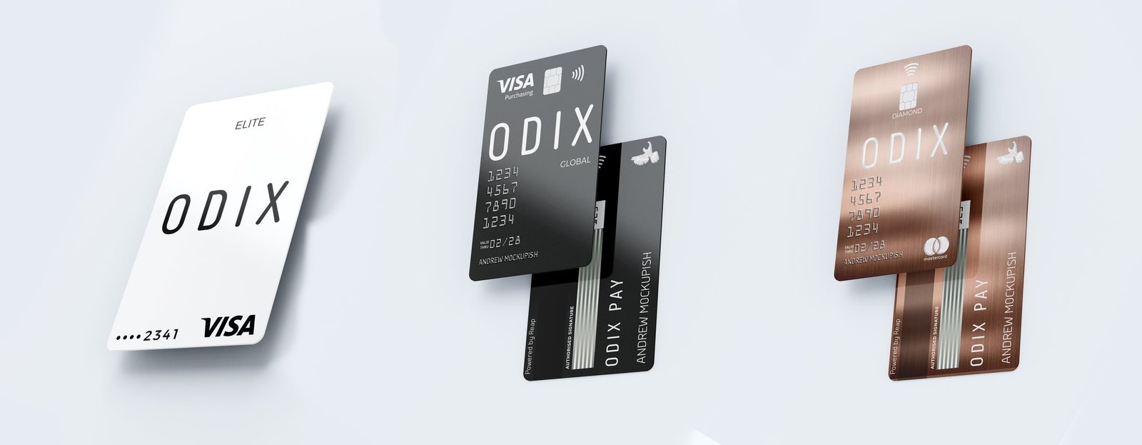 Odix Pay: Odix Pay Visa card line-up: white, black and bronze cards