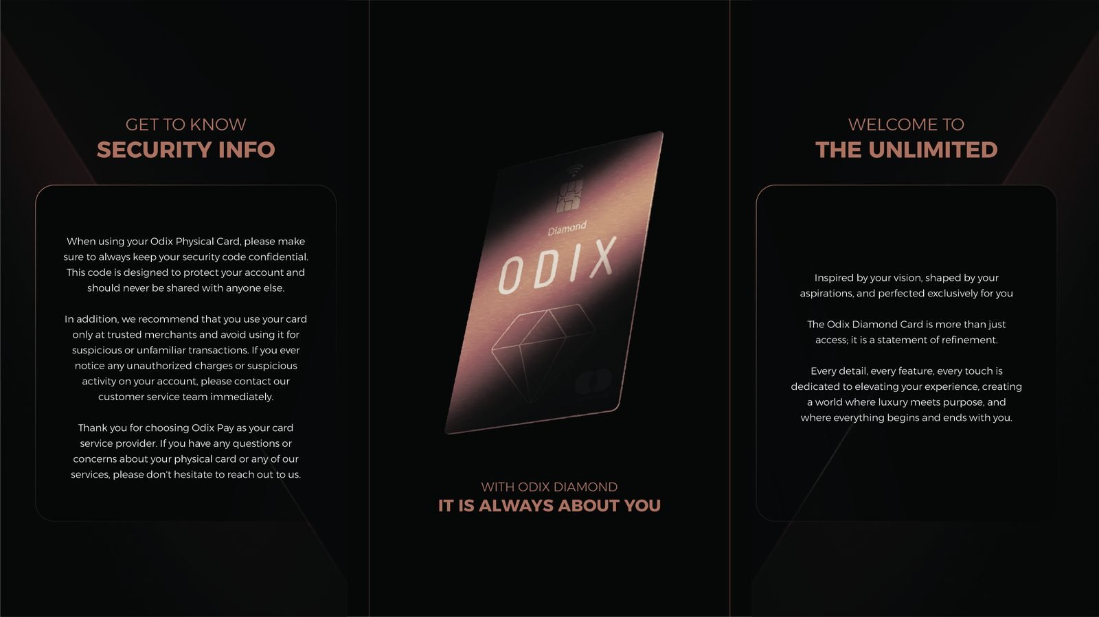 Odix Pay: Inside spread: security information and welcome