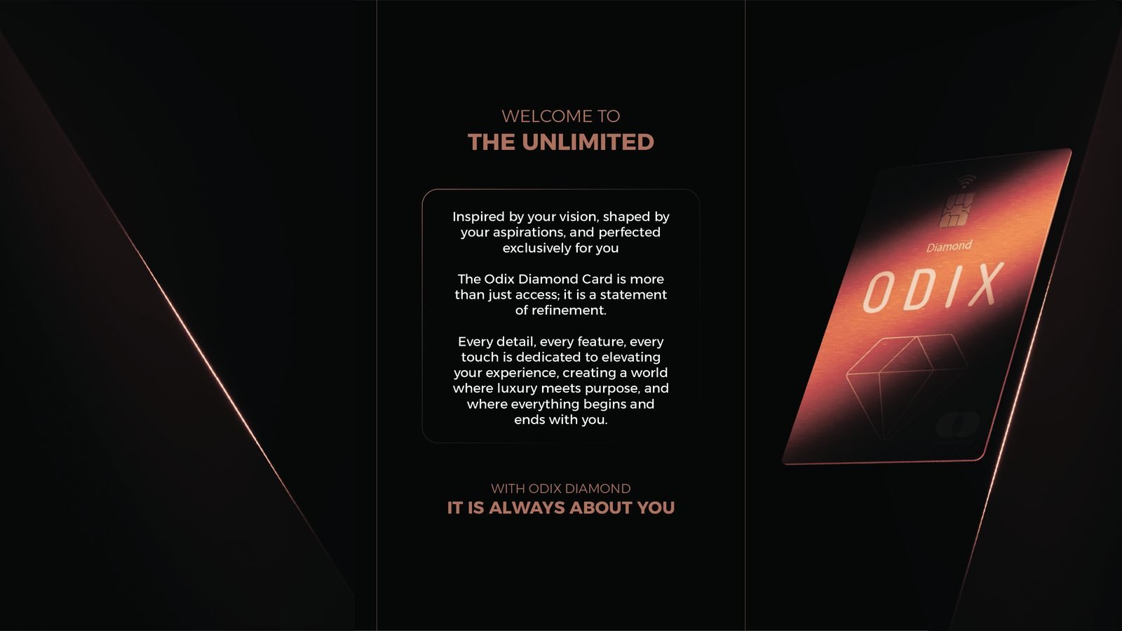 Odix Pay: Bi-fold carrier: welcome panel and the Diamond card