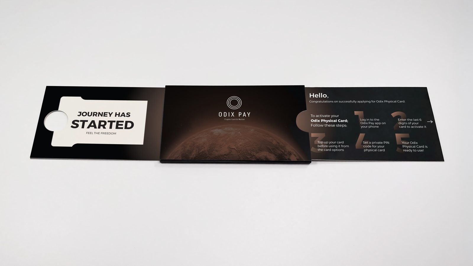 Odix Pay: Sliding card carrier with welcome letter and message card
