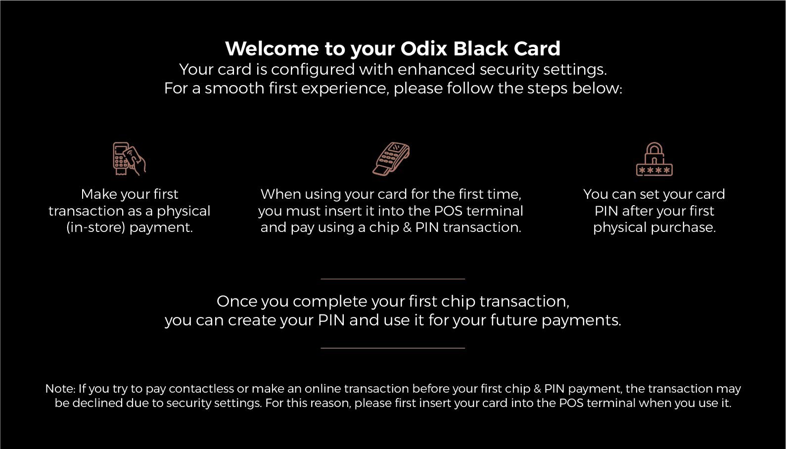 Odix Pay: Message card back: first-use steps for the Odix Black Card