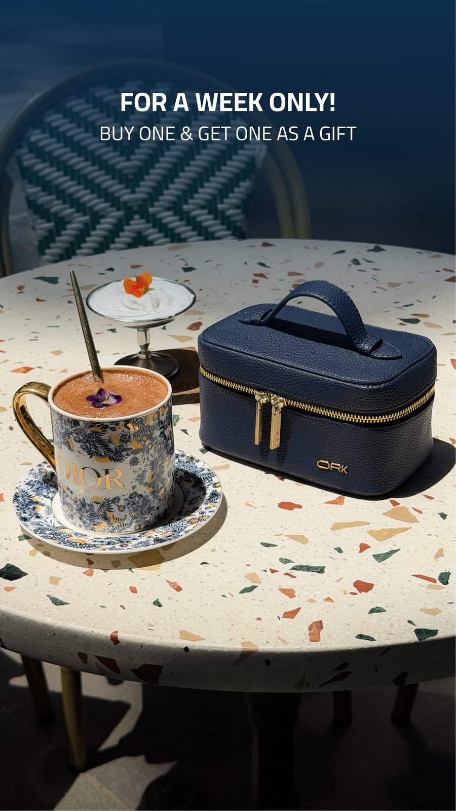 ORK: The navy vanity case on a café table