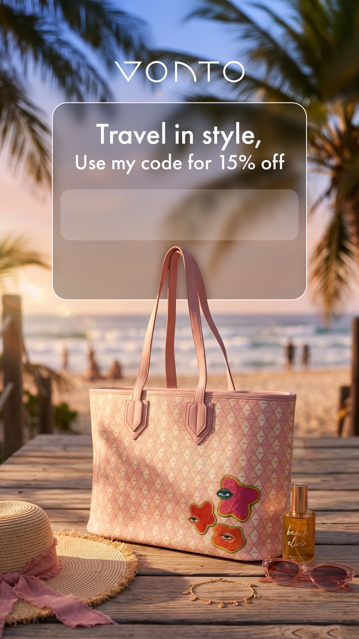 Vonto: Key visual story variant: pink monogram tote with patches on a beach table at sunset