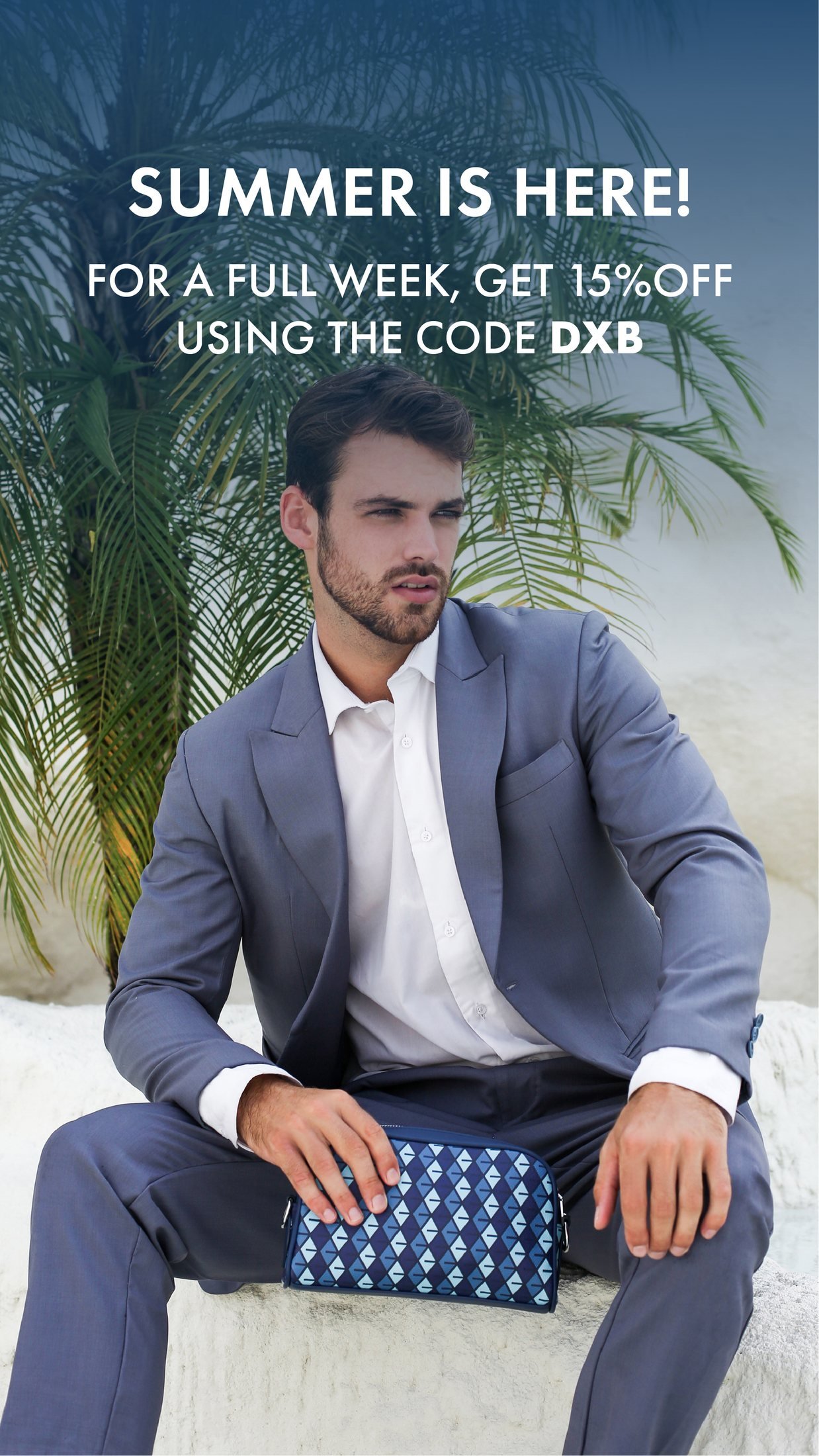 Vonto: 'Summer is here!' story: model with monogram pouch, 15% off with code DXB