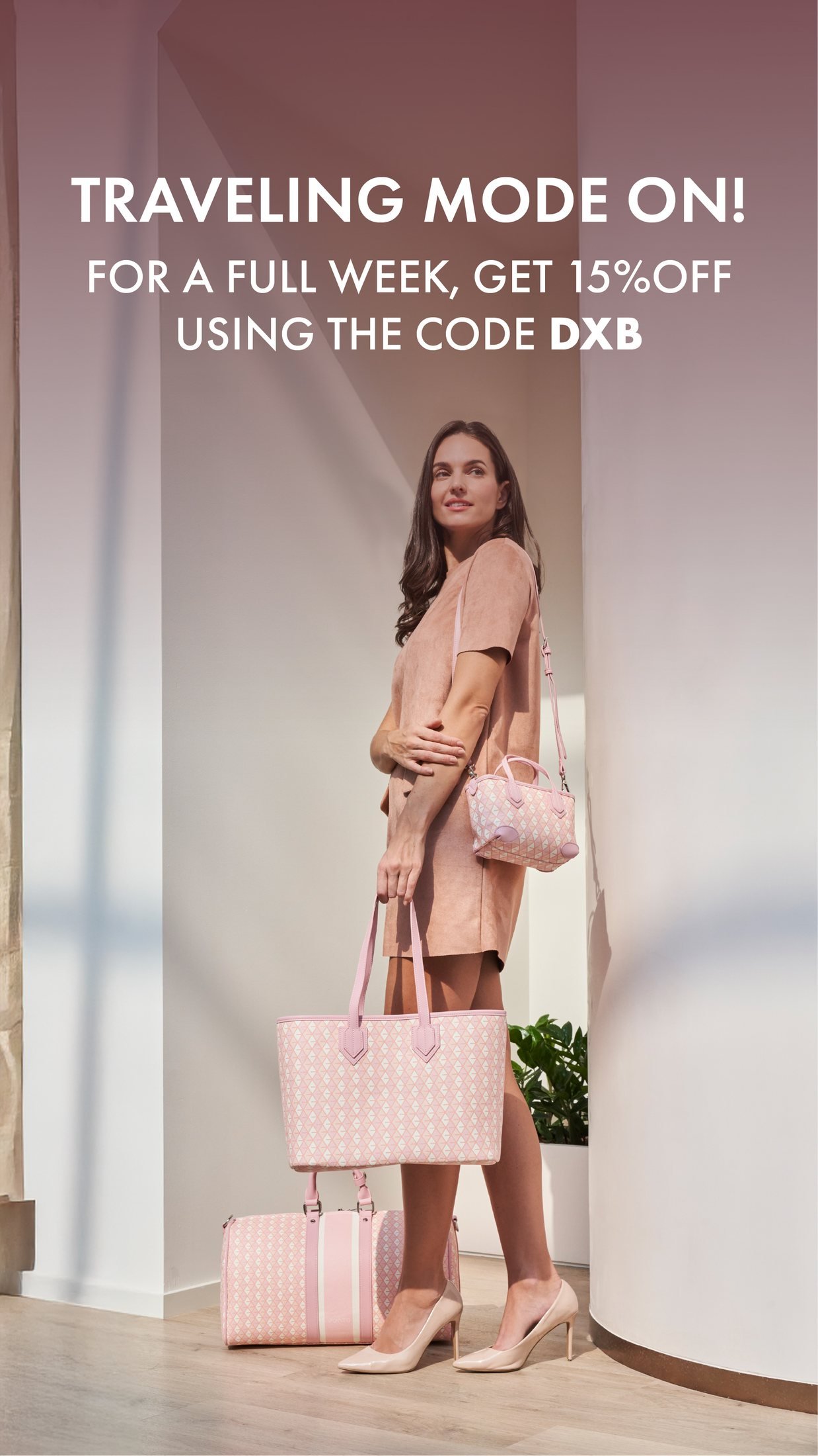 Vonto: 'Traveling mode on!' story: model with pink tote and cabin case