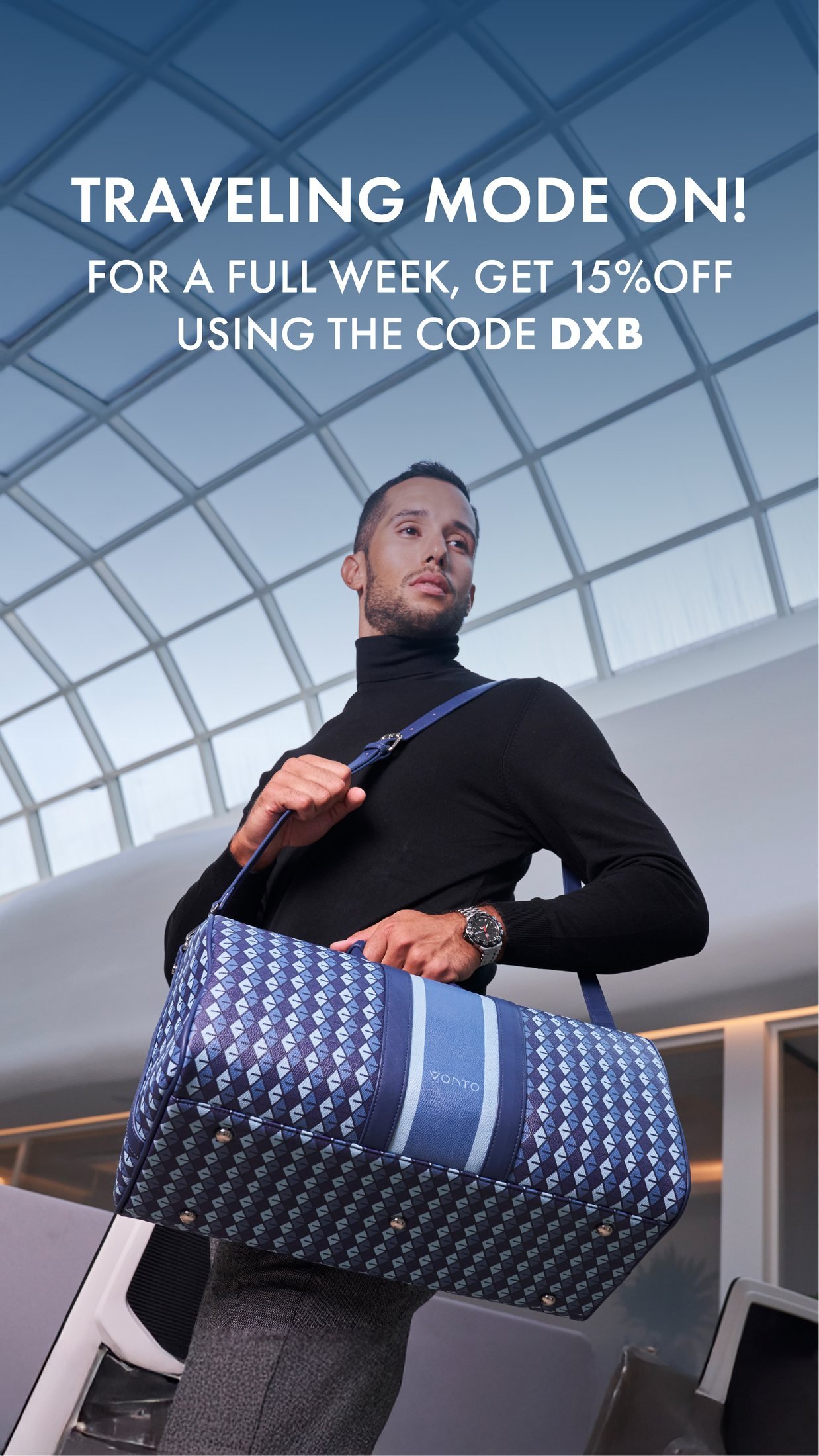 Vonto: 'Traveling mode on!' story: model with blue monogram duffle in an airport setting