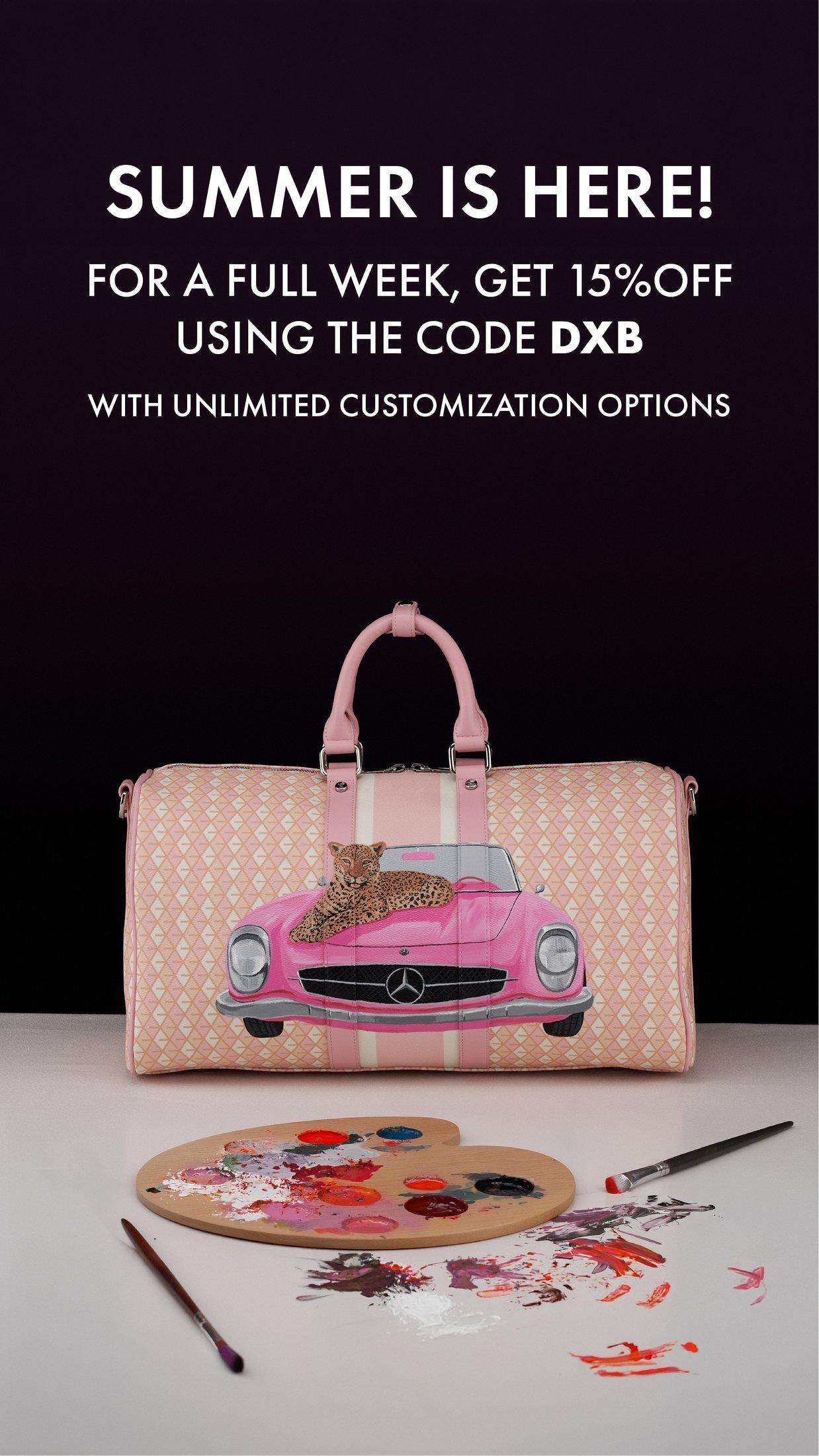 Vonto: Customisation story: pink duffle with hand-painted classic car, paint palette props