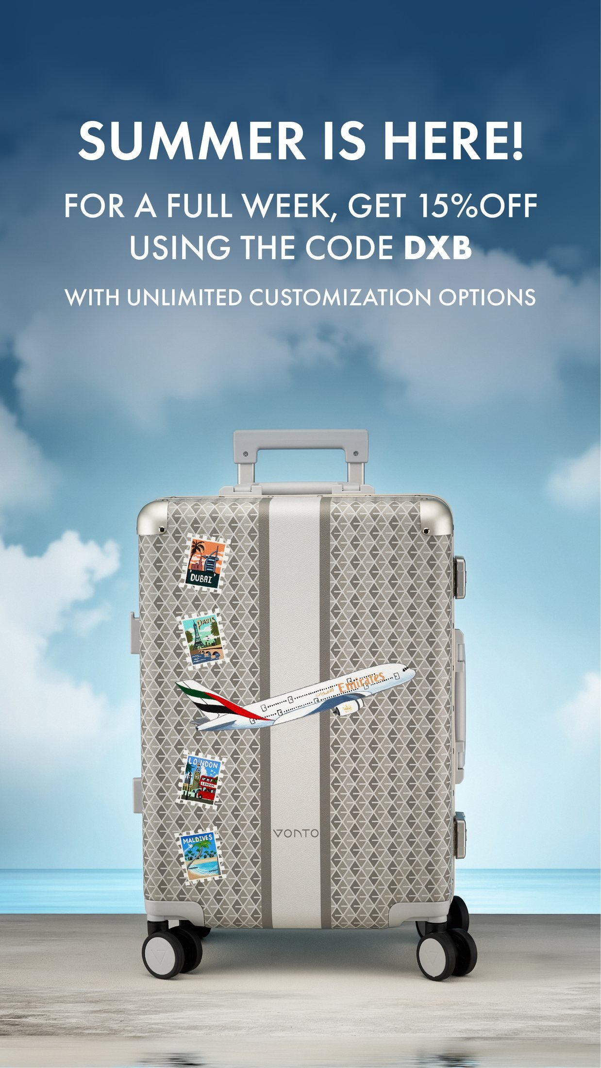 Vonto: Customisation story: monogram suitcase with painted airplane and travel stickers against sky