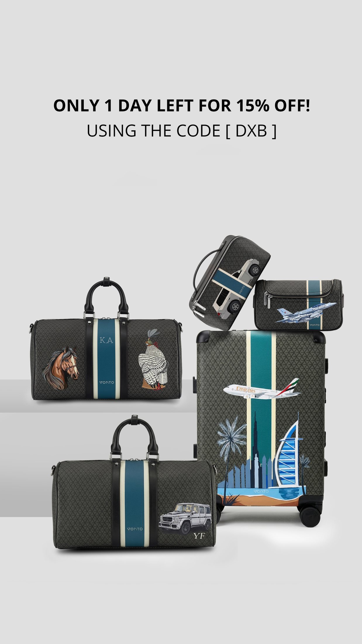 Vonto: Last-chance countdown story: 'Only 1 day left for 15% off' with customised men's travel set