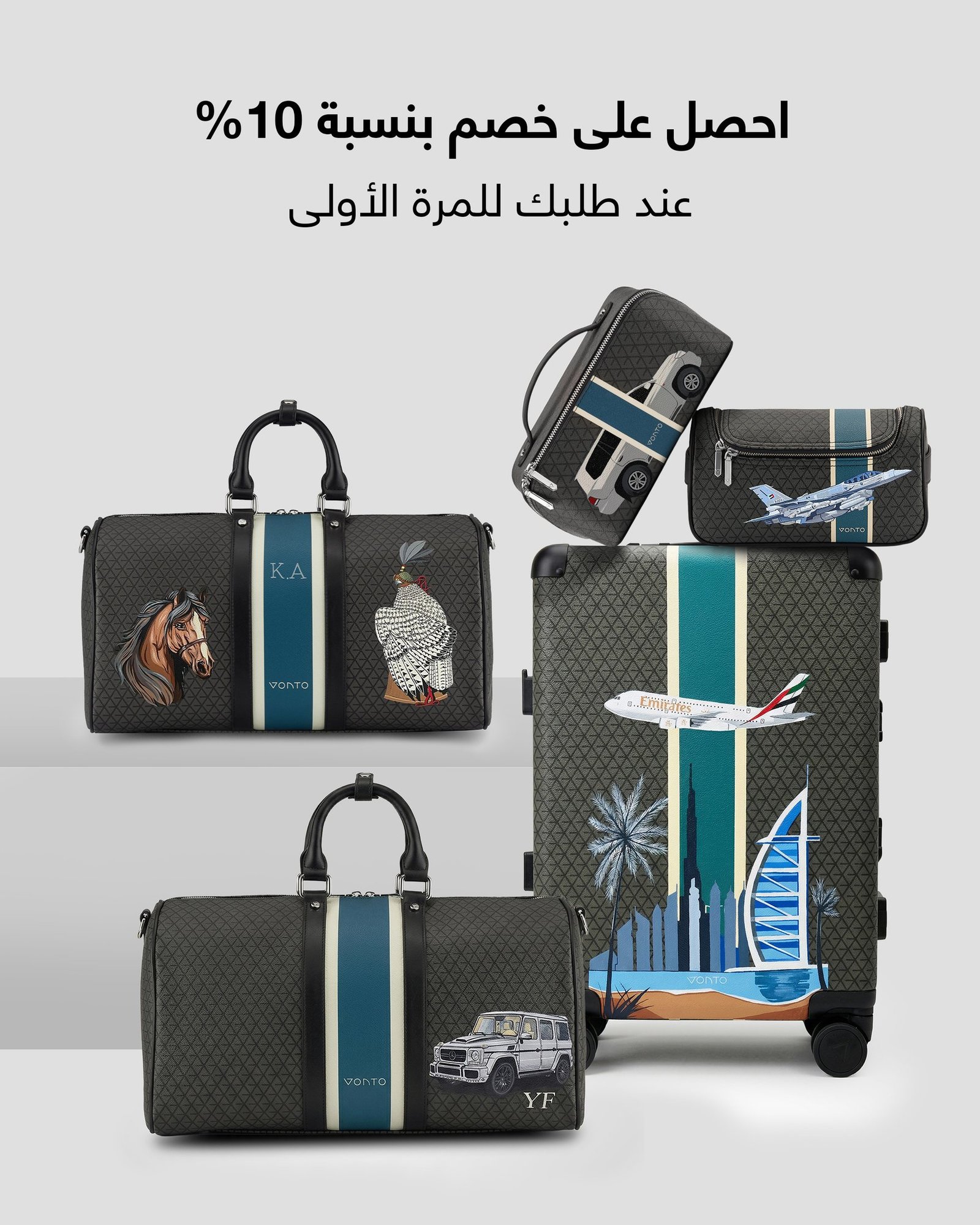 Vonto: Arabic offer post: 10% off first order with customised men's travel collection