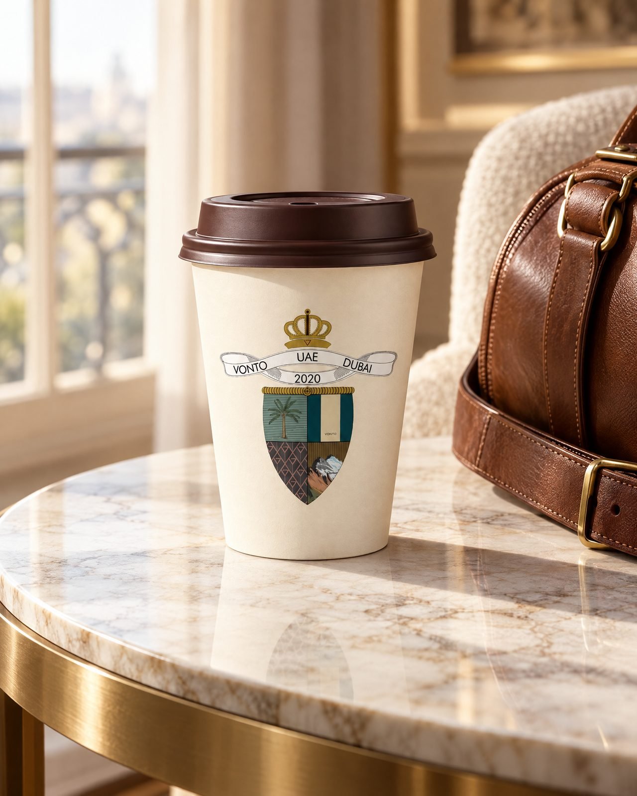 Vonto: The cream cup beside a leather bag